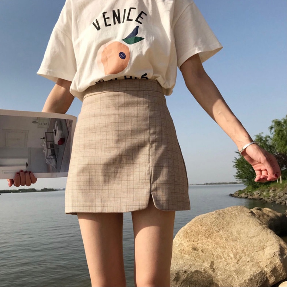 Slit Plaid Mini Skirt